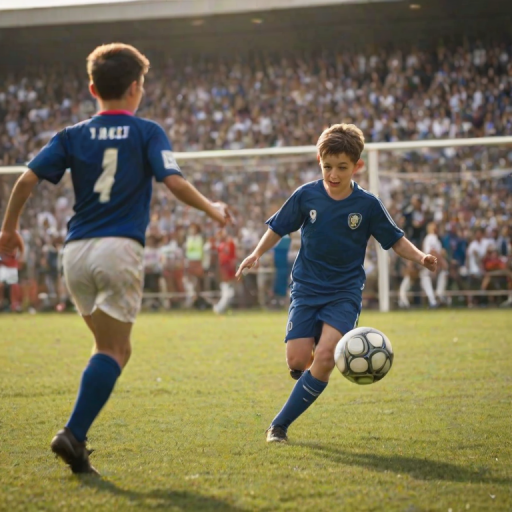 Blurry action shot of a young soccer player kicking a ball towards the goal, the ball captured in mid-flight, soft focus on the cheering crowd in the background.