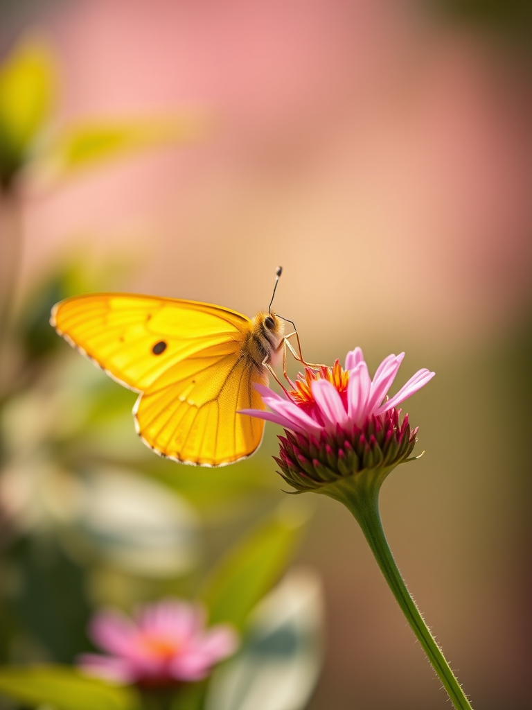 macro shot of a yellow butterfly perched on a pink flower with a blurred background, f/2.8 aperture, ISO 100, 1/250s exposure, Canon EOS 5D Mark IV, 100mm lens, natural light, shallow depth of field