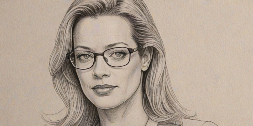 Superb Jeri Ryan, pencil sketch, portrait of Radiant woman 1980s in glasses, hair style beatnik, outline, clear lines, fine lines, 8k