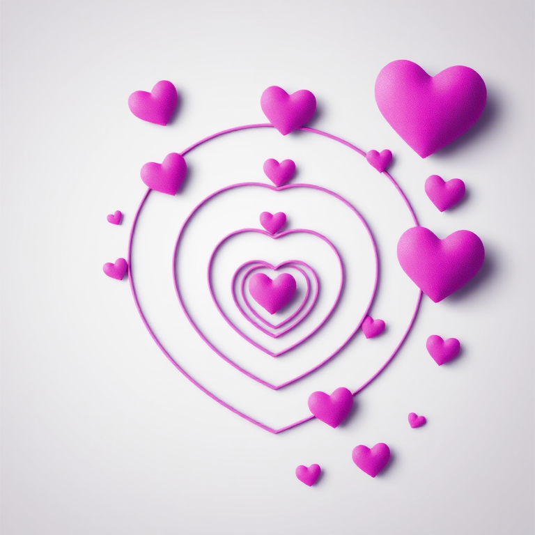 Create an image of multiple concentric hearts in varying shades of purple and pink against a light gray background, using a digital art style with high resolution, shot with a Canon EOS 5D Mark IV at f/11, ISO 100, and a 50mm lens to enhance detail.