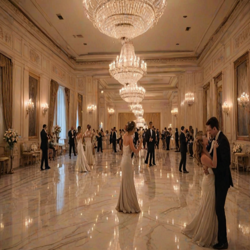 Elegant ballroom illuminated by chandeliers, couples dancing gracefully across the floor, their reflections gliding in the polished marble.