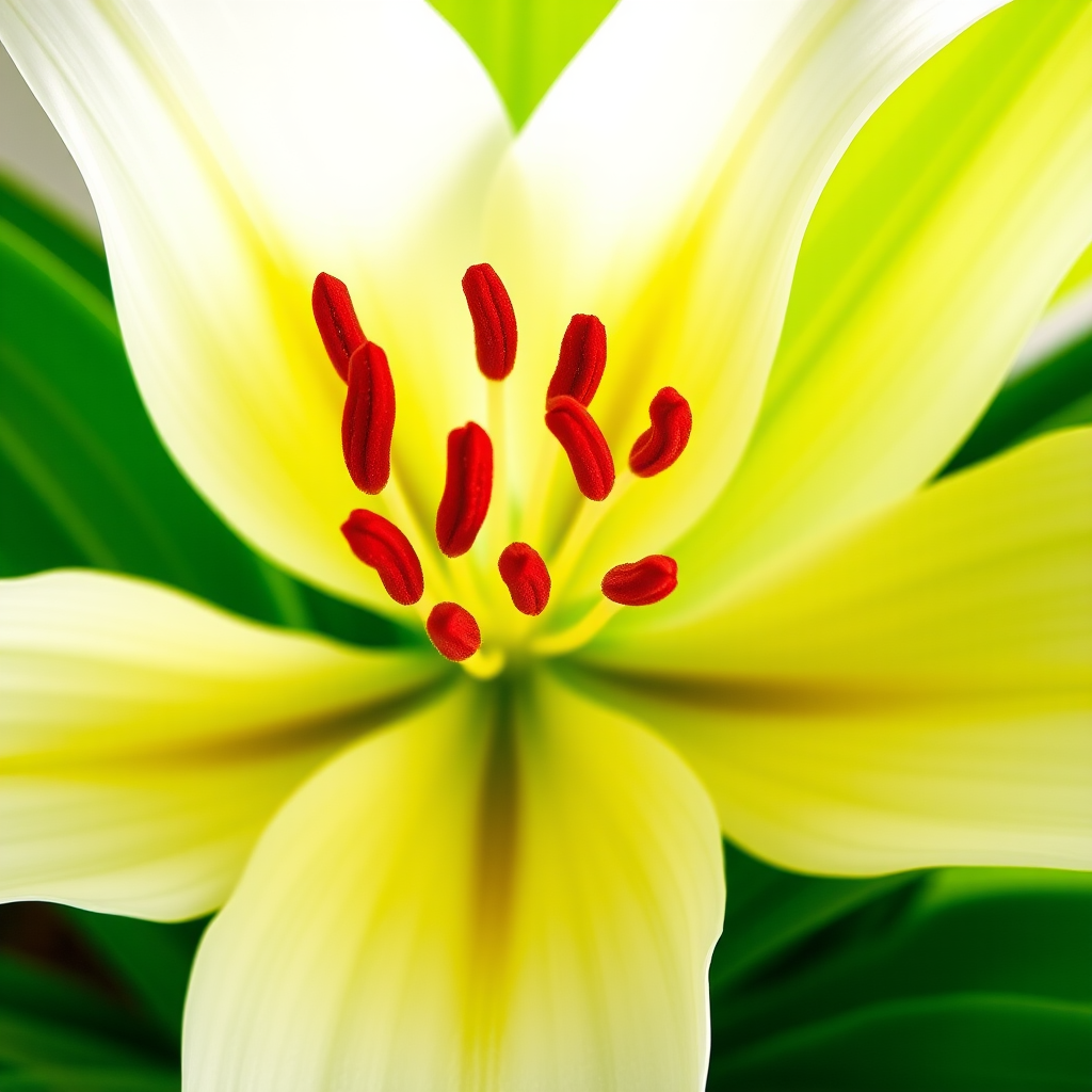Create a high-resolution, close-up image of a white lily flower with vivid red stamens and lush green leaves, using a DSLR camera at f/2.8 aperture, ISO 100, and a 50mm lens, shot in natural light for enhanced detail and vibrancy.