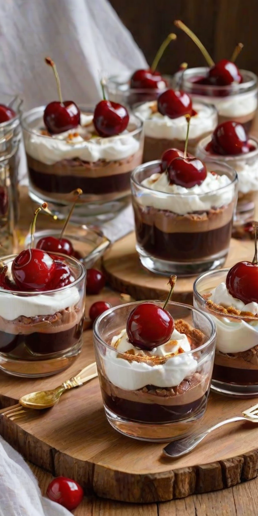 Generate an image of several layered chocolate desserts with whipped cream and cherries on top. The desserts should be arranged on a wooden board with a jar of cherry jam nearby. Include golden forks and a napkin for a touch of elegance. The background should be simple and bright to highlight the desserts.