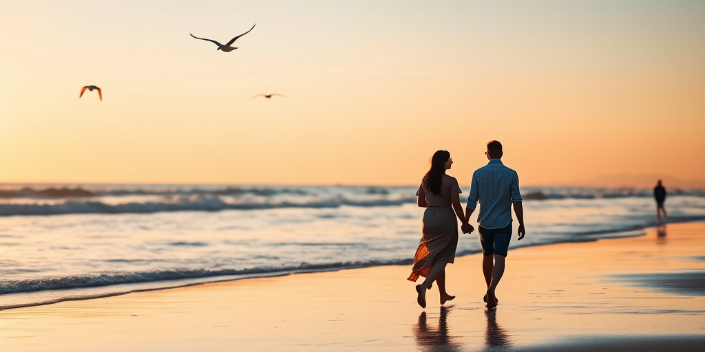 Warmly lit photo of a couple walking hand-in-hand along a quiet beach at sunset, soft golden light reflecting off the water, with distant seagulls flying overhead and gentle waves lapping at the shore.