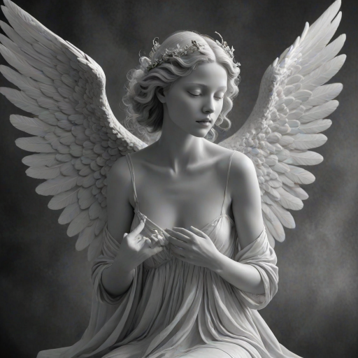 An angel, crafted in the unique style of Folk Art, as she unfolds herself against an ethereal backdrop, her wings softly billowing, face radiating a heavenly glow, every curl in her strikingly serene countenance finely brushed, monochrome, detailed techniques, ultra fine, breathtaking surreal masterpiece
