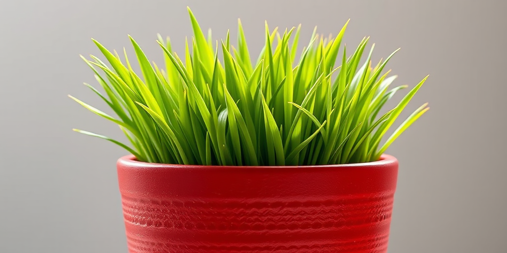 Create a vibrant illustration of a lush green grass plant in a textured red pot, using a high-resolution digital canvas, 300 DPI, with a clean background, taken from a frontal view, in a 50mm lens style for depth enhancement.