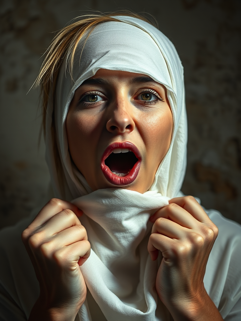 Create a close-up photographic image of a Arab woman with light skin tones shown against an old, worn wall. Their head is wrapped in a white cloth covering (i.e.... parts of the head except the nose and mouth, which are open as if they are screaming...), with a slight texture and visible folds in the fabric. Thin strands of blonde hair escape from the wrapping above, falling lightly at the top and sides. Their hands hold the fabric as if they are tugging nervously. The lighting is dramatic and even, casting strong shadows. The image has a minimalist and surreal style with an emphasis on simplicity with soft color tones. The composition is centered.