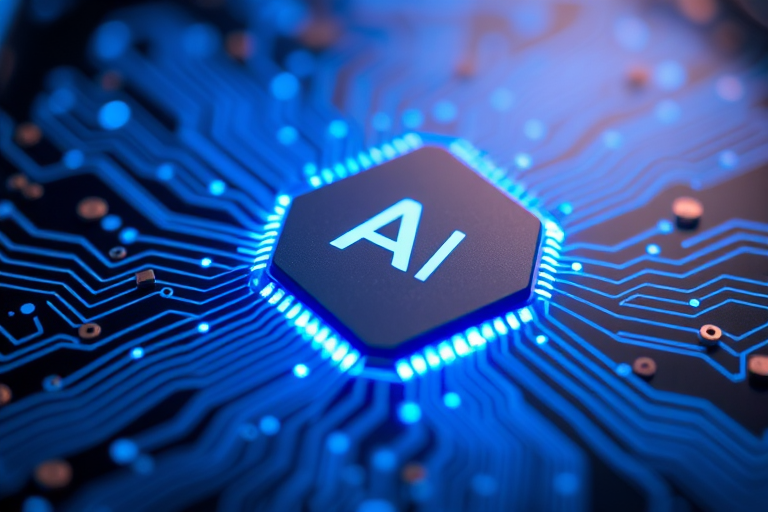 Create a close-up shot of a futuristic AI chip surrounded by glowing blue circuits, with a depth of field effect, shot with a DSLR camera at f/2.8, 1/60s shutter speed, ISO 200, using a macro lens to capture intricate details in vibrant colors.