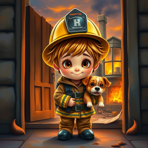 airbrushed oil painting, pixar style, cute little girl in fireman gear, helmet, tousled hair, expressive eyes, standing in the doorstep of a cottage burning behind him, holding a cute little dog in her arm, atumn sky