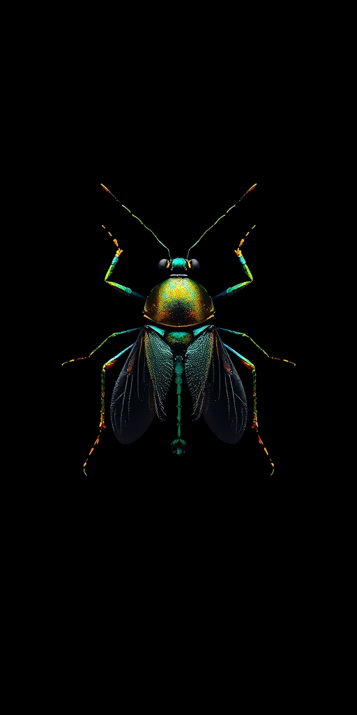 Generate a high-resolution vector image of a stylized insect, centered on a black background, using a Canon EOS R5 with a 50mm f/1.2 lens, aperture set to f/4, ISO 100, and a slight vignette for emphasis.