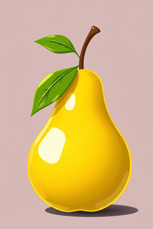 Create a high-quality illustration of a stylized pear with a glossy finish and a green leaf, using a Canon EOS 5D Mark IV, aperture f/8, ISO 100, and a 50mm lens from a frontal view, with soft lighting to enhance color vibrancy.
