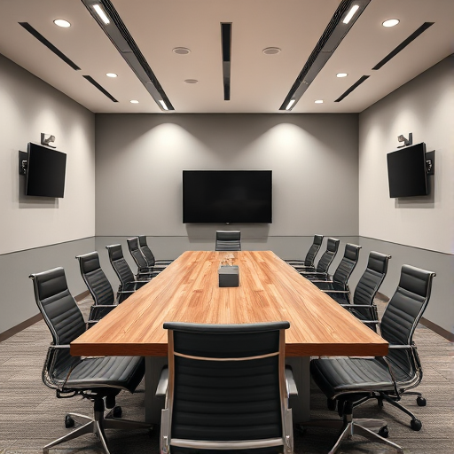 Create a high-resolution image of a modern conference room featuring a large wooden table surrounded by ergonomic chairs, two mounted flat-screen displays on the walls, contemporary light fixtures, and a neutral color palette, shot with a Canon EOS R5 at f/8, ISO 100, 24mm focal length, in HDR mode for enhanced detail and clarity.