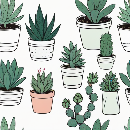 draw a collection of various potted plants and succulents in a minimalist line art style on a white background
