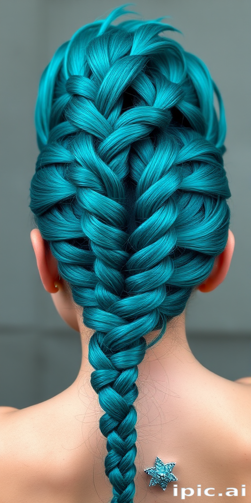 Vibrant teal mermaid hair in a braided mohawk updo, Aquatic Warrior design, featuring intricate plaits and shimmering scales for a bold and fantastical look