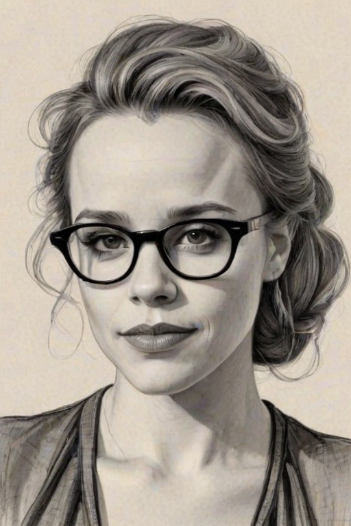 Fascinating Rachel McAdams, pencil sketch, portrait of Comely woman 1934s in glasses, hair style beatnik, outline, clear lines, fine lines, 8k