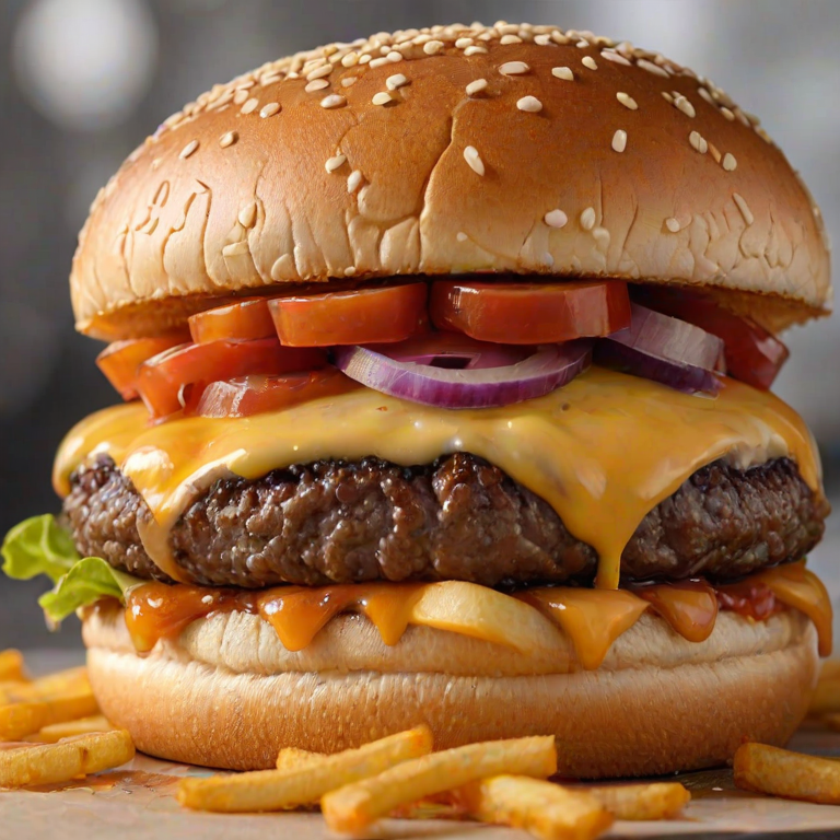 High-resolution, close-up image of a gourmet double cheeseburger. The burger features a glossy, sesame-seed-topped brioche bun. Inside, there are two thick, juicy beef patties, each topped with melted cheddar cheese. The burger is garnished with fresh lettuce, tomato slices, diced onions, and pickles. A generous amount of ketchup and a creamy, orange-colored sauce is dripping down the sides, adding to the mouth-watering appeal. In the background, there are blurred elements including a side of golden French fries and a hint of a beverage, enhancing the overall presentation of a delicious meal.