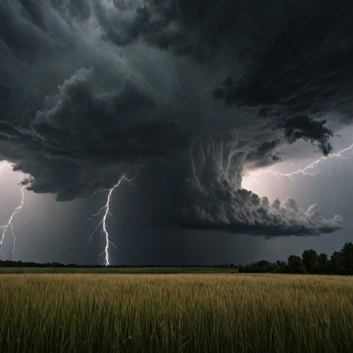 Sharp, high-contrast photo of a thunderstorm rolling in over a field, dark clouds gathering in the sky, soft wind blowing through the tall grass, distant lightning illuminating the horizon, and the sense of nature's power captured.