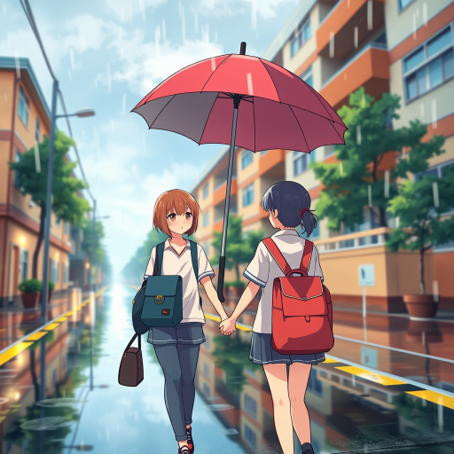 A vibrant anime-style scene of two students holding hands under an umbrella, walking on a rain-soaked street with school buildings in the background, shot with a Canon EOS R5 at f/2.8, ISO 100, 24mm lens, soft focus, sunny day lighting.