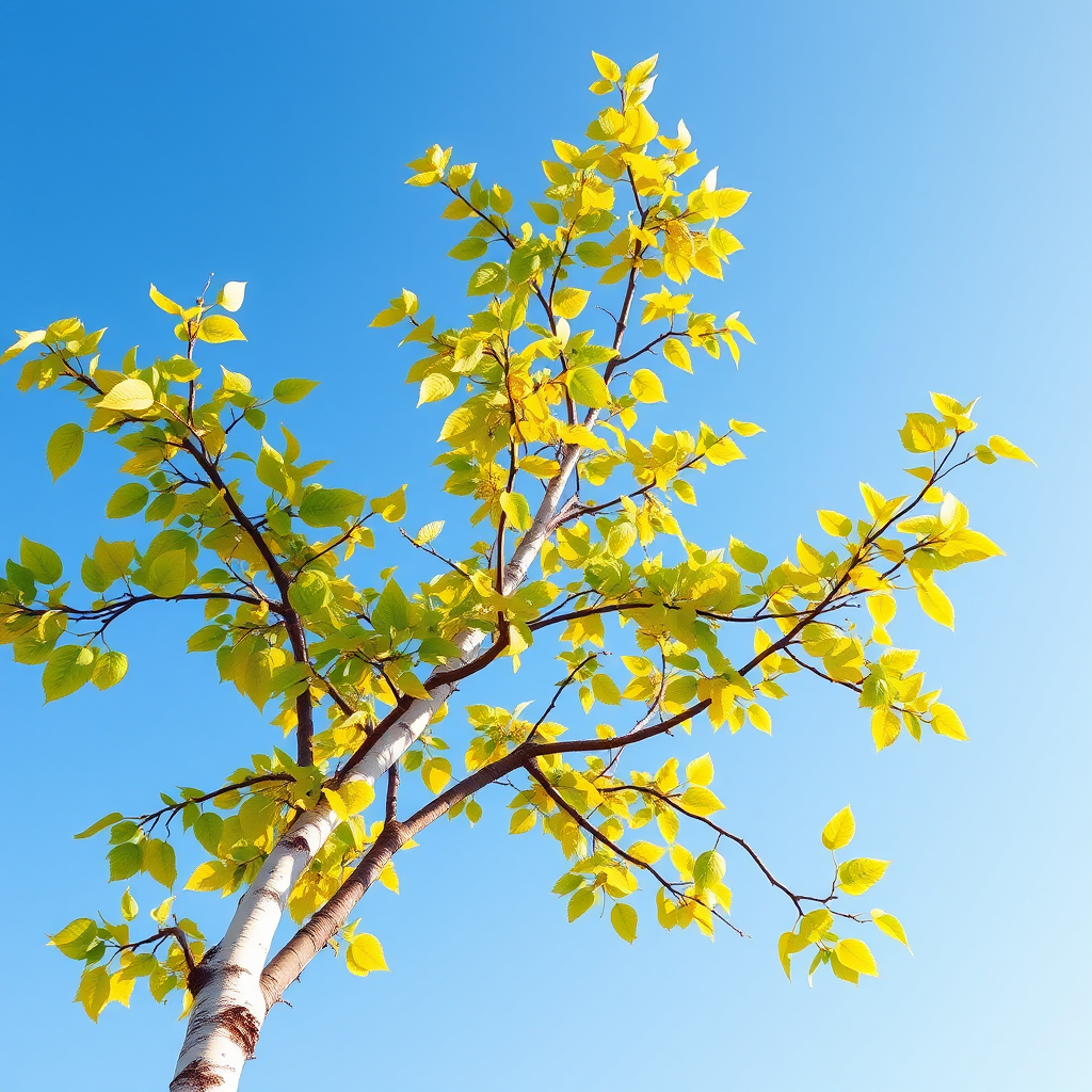 Create a digital illustration of a single birch tree with swirling leaves in various shades of green and yellow against a clear blue sky, using a 50mm lens, f/8 aperture, ISO 100, with a focus on vibrant colors and sharp details in a flat lay style.