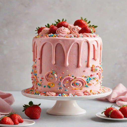 Create an image of a pink cake with a smooth frosting finish. The cake is topped with fresh strawberries and decorative swirls of pink frosting. There is a white chocolate drip effect cascading down the sides, and the base is adorned with a variety of colorful sprinkles. The cake is displayed on a white plate against a soft, neutral background.