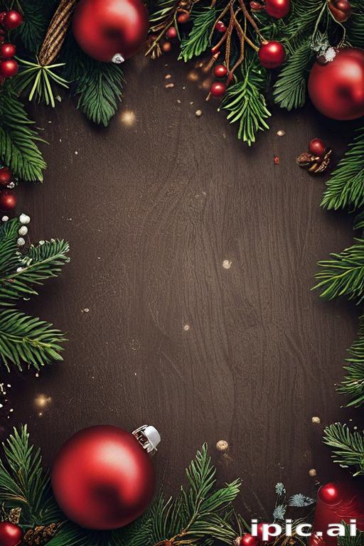 Festive Holiday Frame with Red Ornaments and Greenery for Seasonal Cheer
