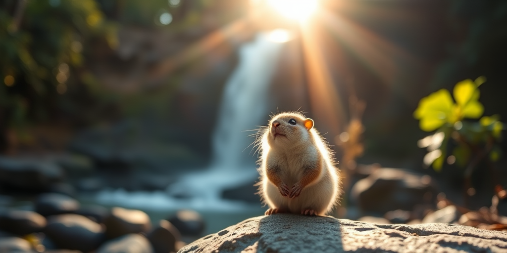 Create an image of a cute, fluffy creature resembling a small rodent sitting on a rock in a sunlit forest with a waterfall in the background, shot at 50mm, f/1.8 aperture, ISO 100, with a shallow depth of field to enhance bokeh, using a DSLR camera in natural light to improve detail and clarity.