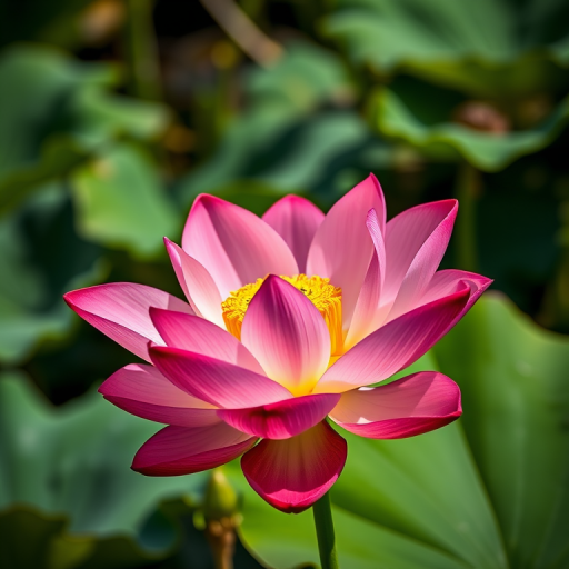 Capture a vibrant lotus flower in full bloom, using a Canon EOS 5D Mark IV with an f/2.8 aperture, 1/200 sec shutter speed, and ISO 100, taken from a macro perspective with natural lighting to enhance detail and color contrast among the petals and surrounding foliage.