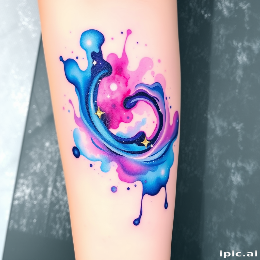 Vibrant watercolor splash tattoo named "Celestial Spectrum" featuring a swirling galaxy of blues, purples, and pinks blending seamlessly into an ethereal nebula, with delicate white stars scattered throughout the design creating a sense of depth and wonder, incorporating subtle touches of gold leaf for added luminosity and sparkle, perfect for those seeking a dreamy and cosmic body art piece that captures the beauty of the universe in a fluid and artistic style