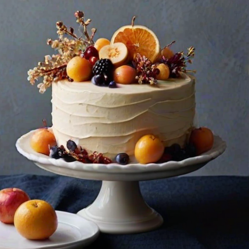 Create an elegant cake with a smooth, neutral-colored frosting. Decorate the top with dried flowers and fruit, focusing on a sophisticated arrangement. Use a simple yet modern cake stand and set the cake against a dark background to enhance its features. Make sure the overall composition is visually striking and artistic.