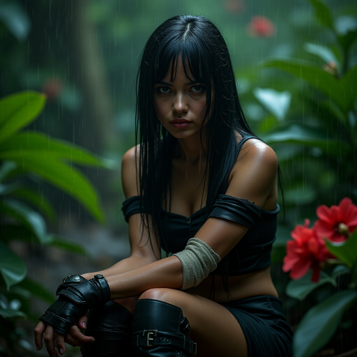 A highly detailed photograph of a woman with long black hair, sitting in the rain beneath lush green foliage. She wears a black off-the-shoulder top, fingerless gloves, and combat boots, giving her a rugged, militaristic look. Her left arm is bandaged, hinting at a recent struggle. The jungle background is vibrant, with large green leaves and red flowers contrasting against the rainy, dark sky. Fine rain droplets add realism and atmosphere to the scene.