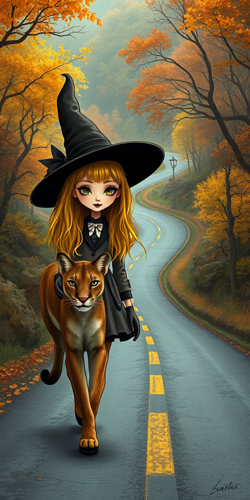 digital art fantasy depicting a strange girl with Yellow hair, long eyelashes, black lipstick and a tall hat walking along a winding road on an autumn afternoon, an Puma smiles as she passes