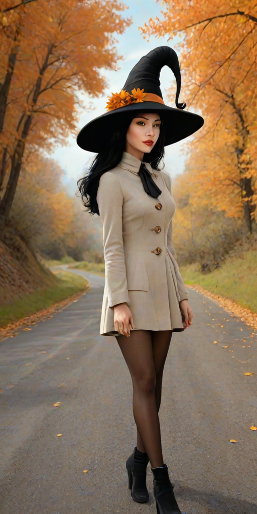 digital art fantasy depicting a strange girl with black hair, long eyelashes, orange lipstick and a tall hat walking along a winding road on an autumn afternoon, an armadillo smiles as he passes