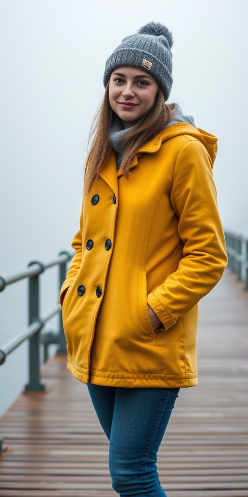 A young woman in a yellow coat and grey beanie standing on a pier, with a foggy background, captured with a Canon EOS R5, 50mm f/1.2 lens, aperture f/2.8, ISO 200, shutter speed 1/250s, using shallow depth of field to focus on the subject while softly blurring the background.