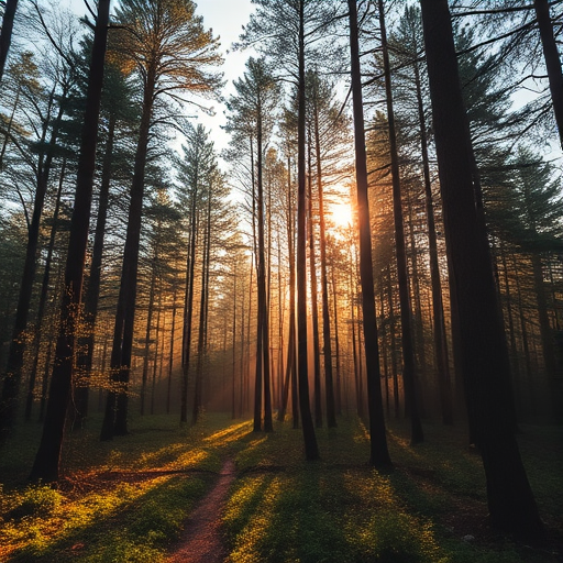 create a high-resolution image of a tranquil forest landscape during golden hour with sunlight filtering through the trees, using a Canon EOS 5D Mark IV at f/4.0, ISO 100, 1/200s, wide-angle lens, and a low-angle view for depth and richness in colors.