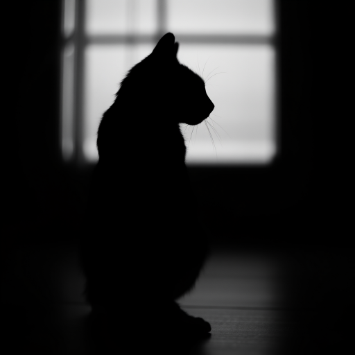 Generate an image of a stylized silhouette of a cat, using a Canon EOS 5D Mark IV camera, 50mm lens, f/1.8 aperture, ISO 100, soft focus view, high contrast monochrome style.