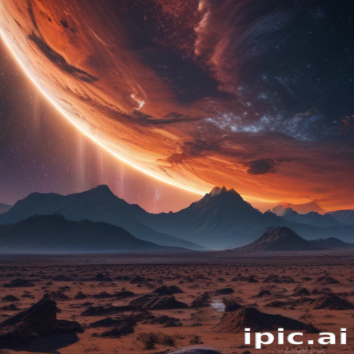 Majestic Planetary Landscape with Mountains Under a Colorful Cosmic Sky
