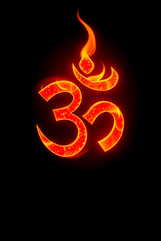 create a vibrant representation of a stylized 'Om' symbol in fiery orange and red hues against a deep black background, captured using a DSLR camera with a 50mm lens at f/1.8, ISO 100, shutter speed 1/200s, with a soft focus effect and high dynamic range to enhance details and contrast.