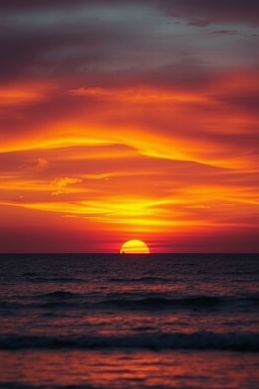 Create an image of a majestic sunset over a calm ocean with vibrant orange and purple hues in the sky, captured from a low angle using a DSLR camera at f/8 aperture, 1/200 sec shutter speed, ISO 100, wide-angle lens, in high dynamic range for enhanced detail and clarity.