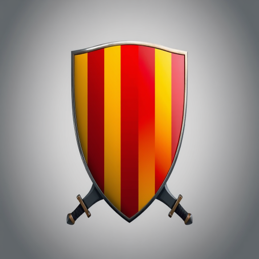 Create a high-resolution image of a shield design featuring alternating red and yellow stripes, surrounded by two crossed swords, shot with a DSLR camera at f/8 aperture, 50mm lens, ISO 100, in a studio setting with softbox lighting for even illumination.