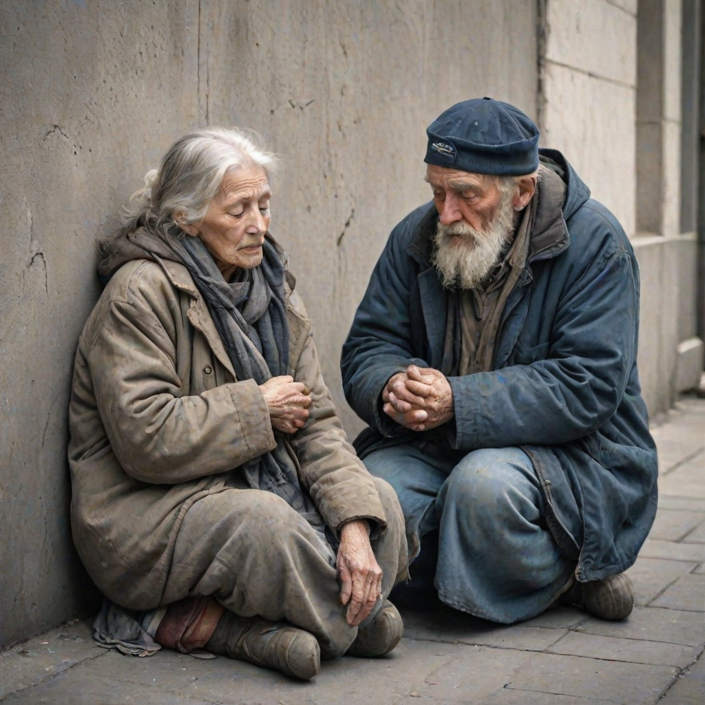beautifully weathered old homeless veteran sitting on the ground slumping against the wall of a building with his eyes closed. there is an Ethereal, translucent figure of a beautiful elderly woman comforting him