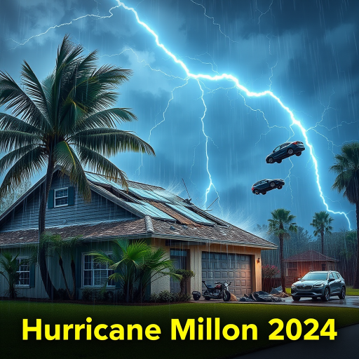 Hurricane Milton blows a roof off a home. Strong winds and rain blows sideways. Palm trees uprooted and bent over. Cars flying through the sky with debris. Sky is dark with thunder storms. Lightning strikes are fluorescent blue. Add text Hurricane Milton 2024
