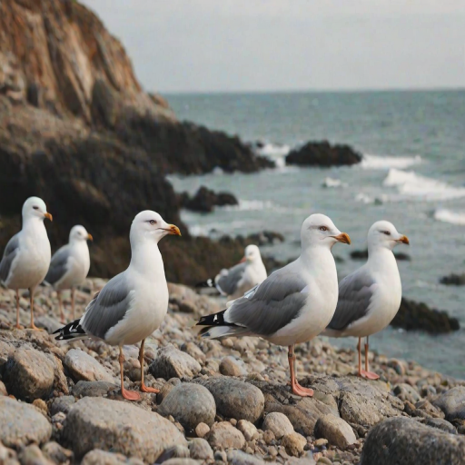 a group of seagulls standing on rocky terrain by the shore with a soft focus background