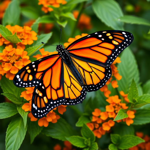 Generate an image of a vibrant monarch butterfly perched on bright orange flowers surrounded by lush green leaves, capturing the details of the butterfly's striking black and orange patterns and the texture of the flowers and foliage.
