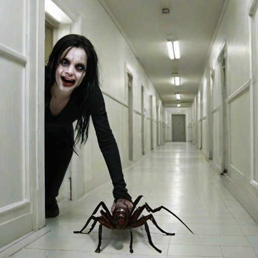 a crooked female with long arms and a creepy smile is crawling along a long white corridor and you can also see cockroaches in it there is a creepy atmosphere creepy art style