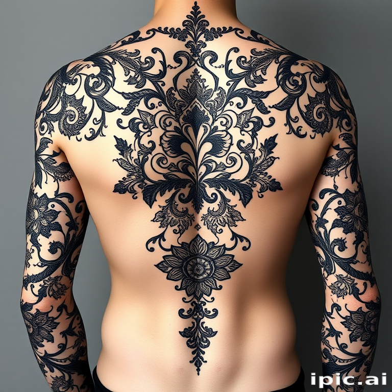 Ornamental blackwork tattoo showcasing intricate lace-like patterns and delicate filigree designs, forming a stunning full-body suit with strategically placed negative space
