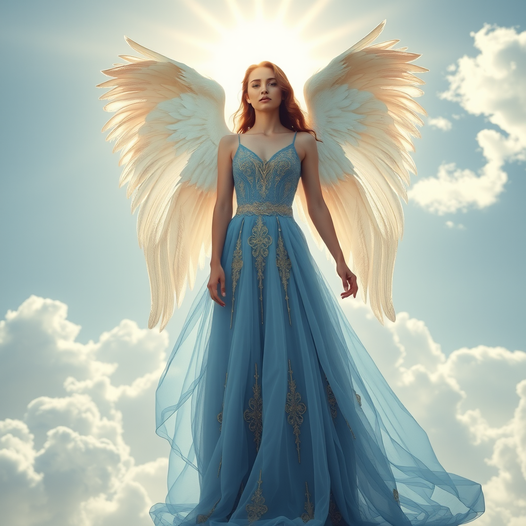 Create an ethereal image of a serene angelic figure with large wings, wearing a flowing blue gown adorned with intricate gold details, standing majestically against a backdrop of fluffy white clouds and a radiant sky, captured using a Canon EOS R5 with a 50mm f/1.2 lens at f/2.8, 1/200s, ISO 100, in a soft focus style to enhance the glow and light effects.
