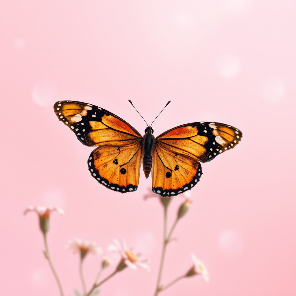 Create a high-resolution digital artwork featuring a delicate pink background with subtle floral patterns and a prominent butterfly in the foreground, captured with a DSLR camera at f/2.8, ISO 100, 50mm lens, shot from a slightly tilted top-down view to create depth, using a soft focus style for an ethereal effect.