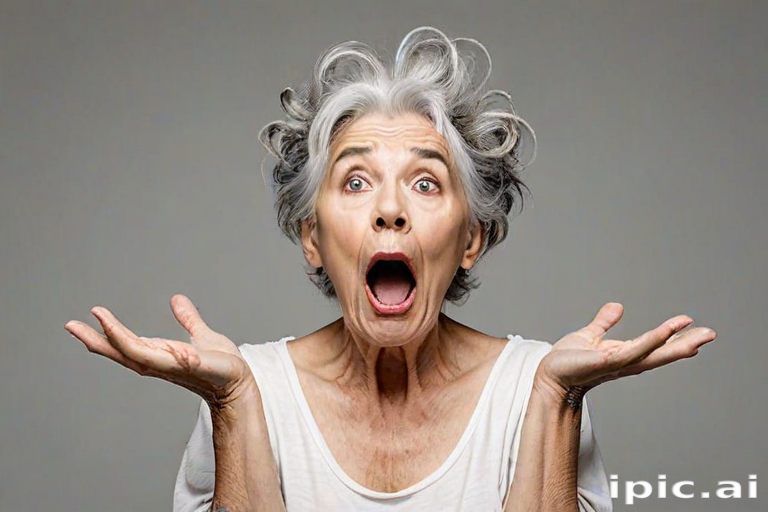 scribbly unfinished sketch, old lady with messy gray hair in a loose bun, surprised expression, mouth open, hands clasped together in front of her chest. Her eyes are wide, eyebrows are furrowed. vibe of shock or surprise.