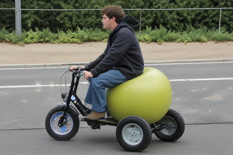 Person riding an apple with wheels attached on it