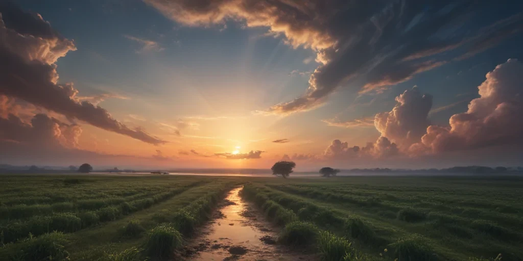 Serene Sunrise Over Lush Green Fields with Dramatic Cloudy Sky